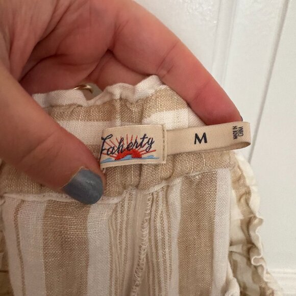 Faherty Monterey Linen Wide Leg Pants Tan Stripe Elastic Waist - M - Picture 6 of 9